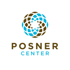 posner center logo, with a circle made up of smaller concentric circles in light blue and brown